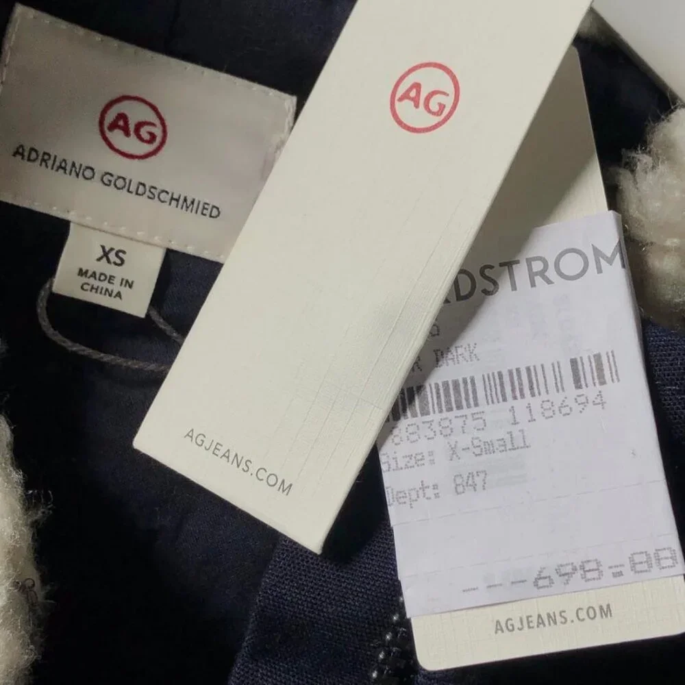 NWT AG ADRIANO GOLDSCHMIED Dani Parka Shearling Trim Hood Navy XS MSRP $698